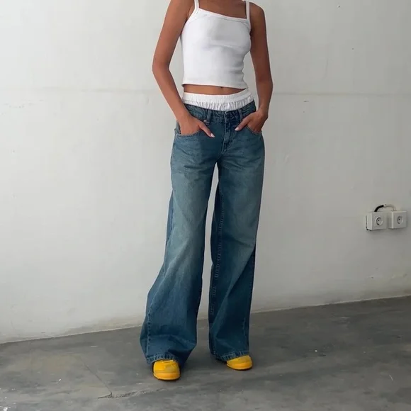 Motel Rocks - Roomy Extra Wide Low Rise Jeans in Vintage Blue Green - Picture 4 of 10